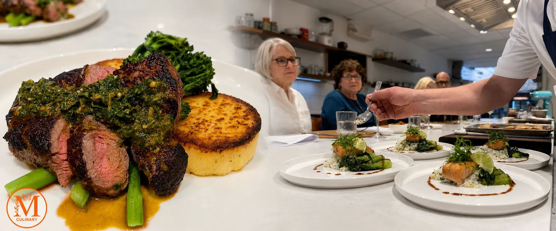 A chef plating a private dinner course for guests at Monarch Culinary Studio