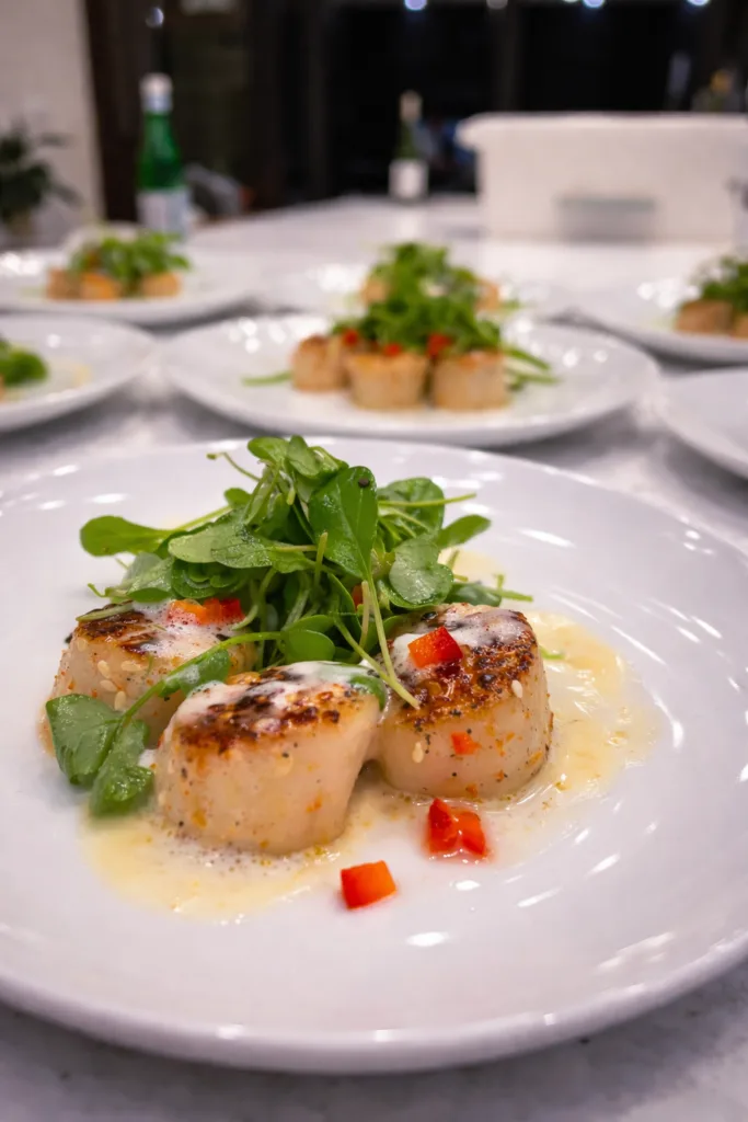 Seared scallops with watercress and beurre blanc, plated by Monarch Culinary