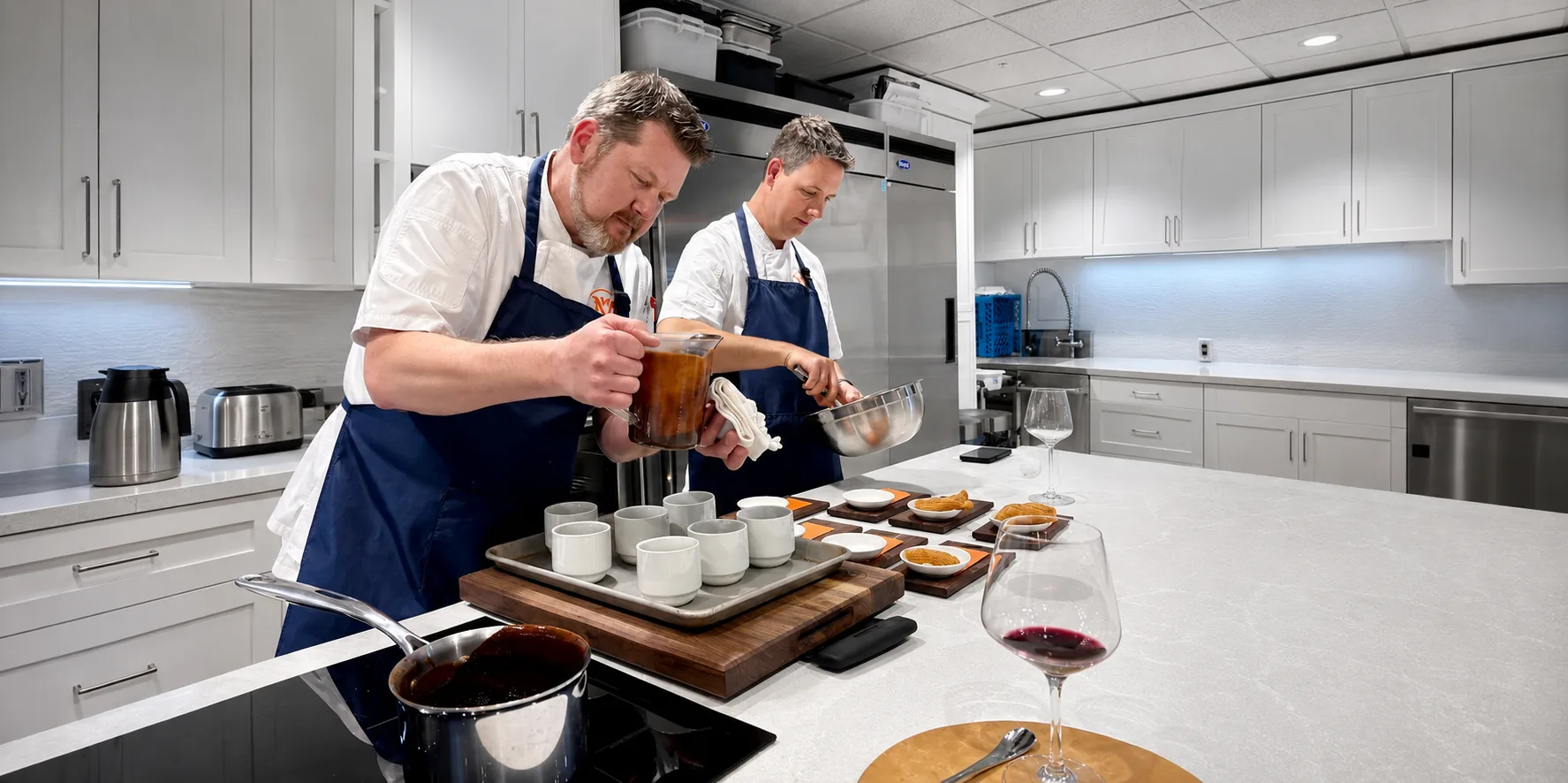 Chefs Bob Murphy and Jason Miller plating together at the studio island