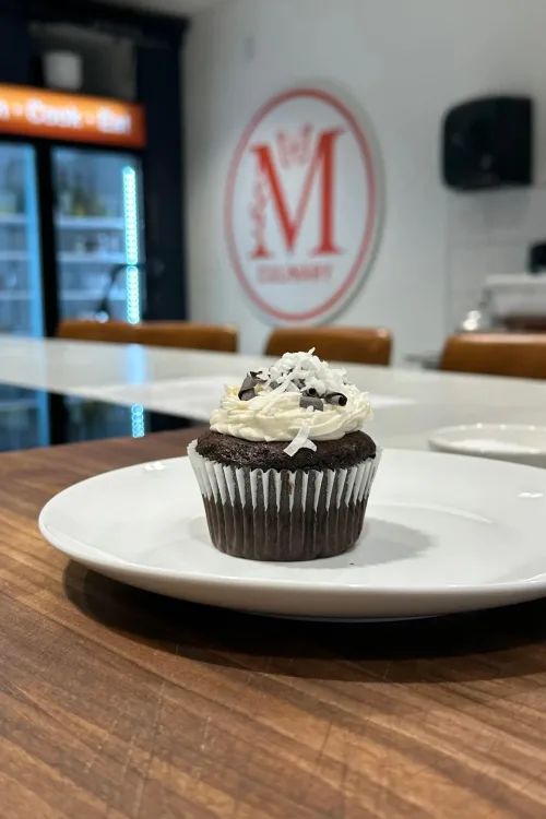 Chocolate cupcake with cream cheese frosting at the Monarch Culinary Studio